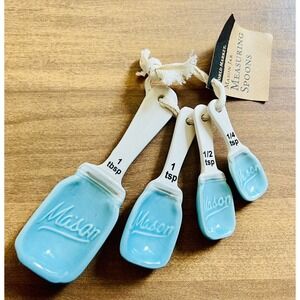 NEW Ceramic Measuring Spoons Blue / White Mason Jar Design Set of 4 World Market